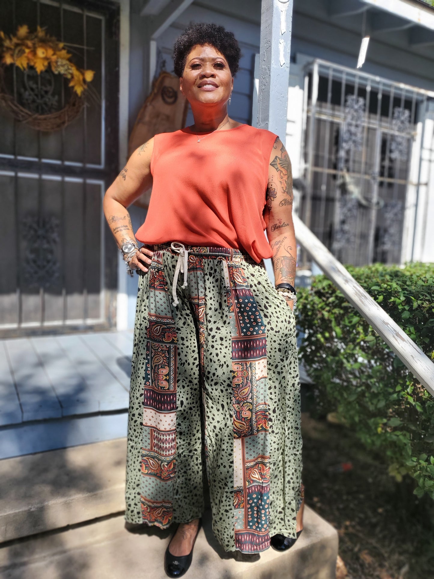 Mixed Print Wide Leg Pant