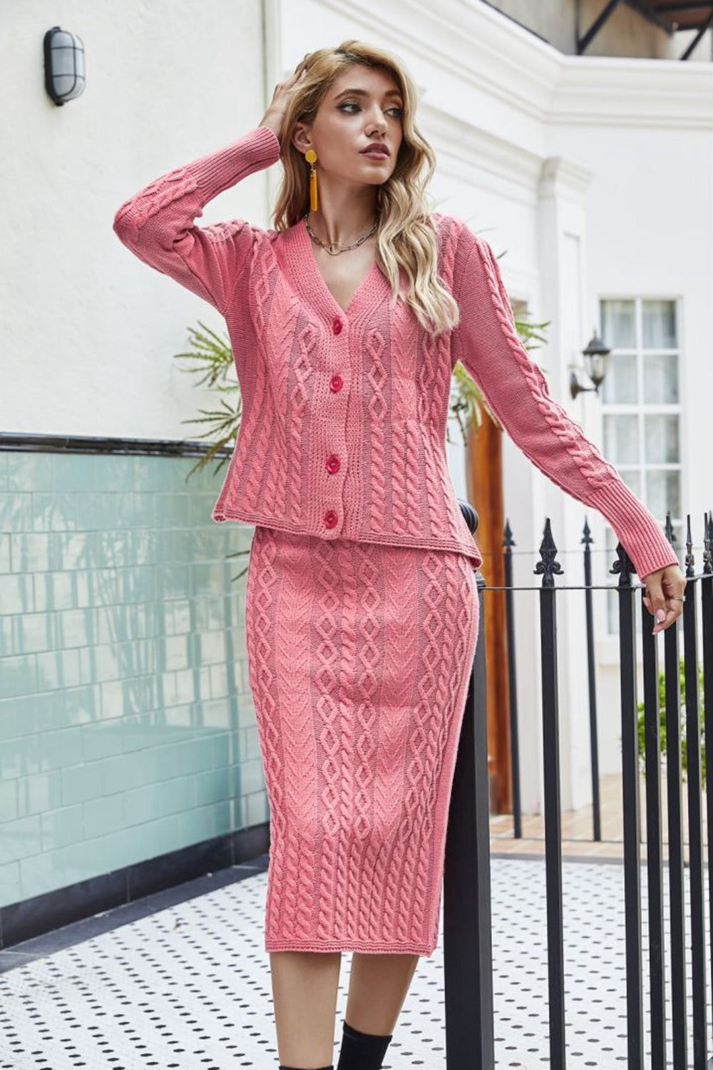 Mixed Knit V-Neck Cardigan and Knit Skirt Set Mixed Knit V-Neck Cardigan and Knit Skirt Set