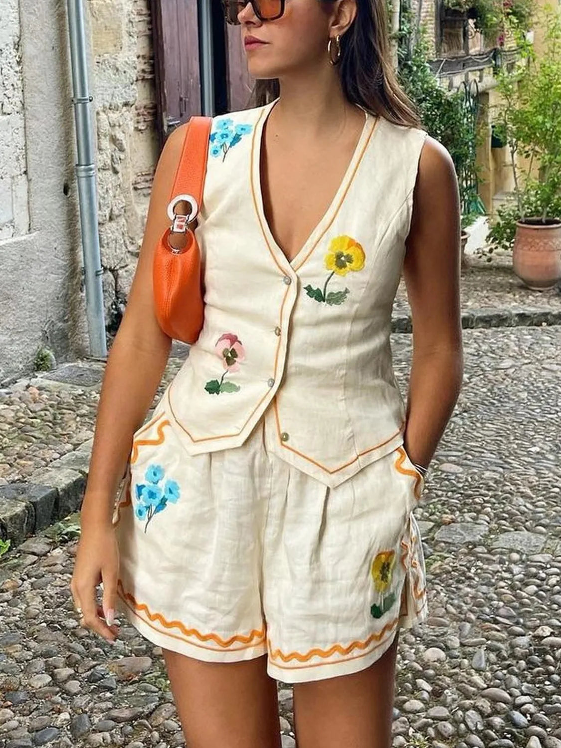 Embroidered V-Neck Vest and Shorts Set Embroidered V-Neck Vest and Shorts Set