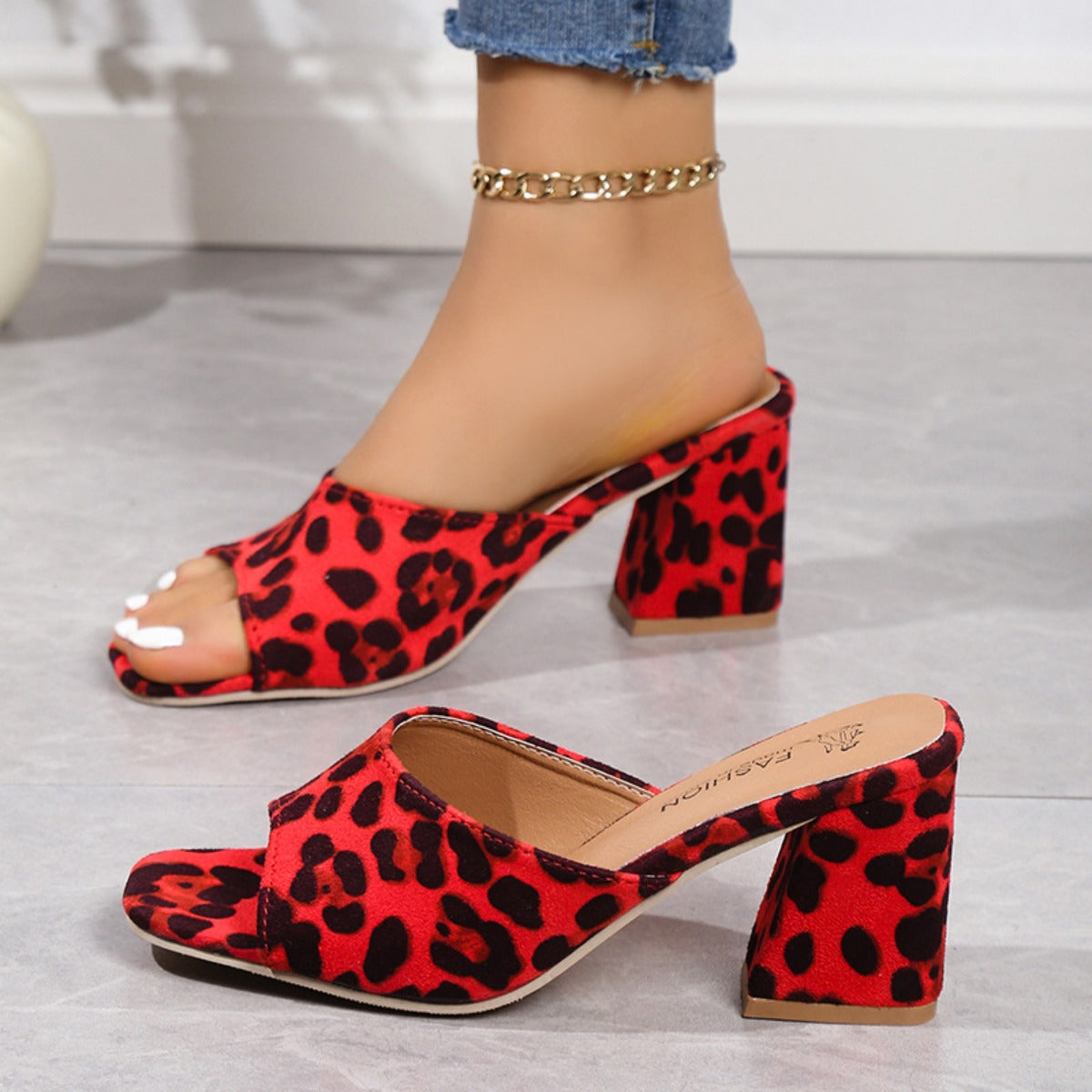 Leopard Block Heel Suede Sandals